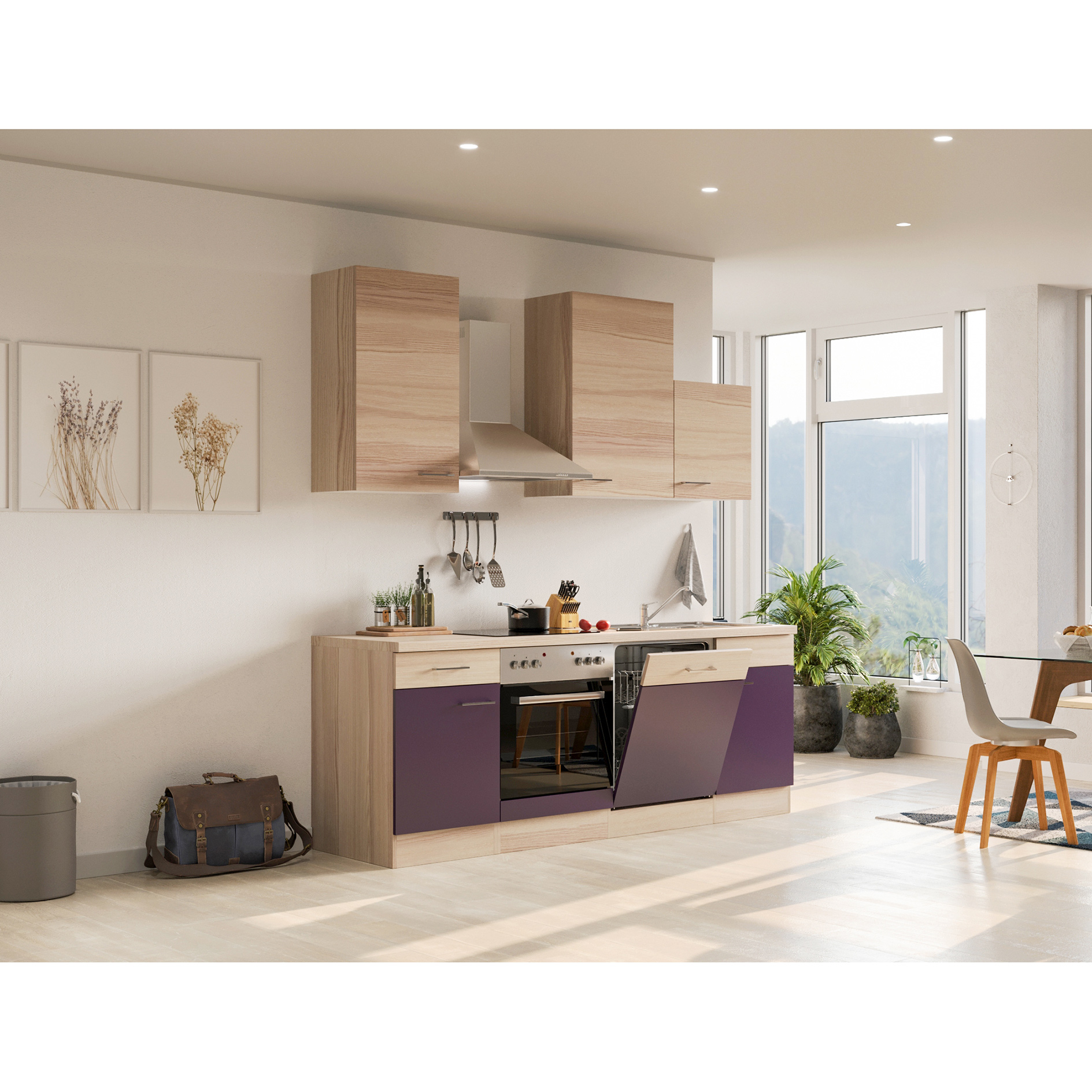 Küchenblock FOCUS - Akazie - aubergine - mit E-Geräten - 220 cm