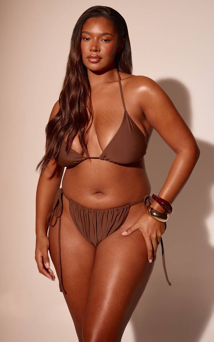 Marron Bas De Bikini Tanga Grande Taille À Liens Latéraux Ajustables
