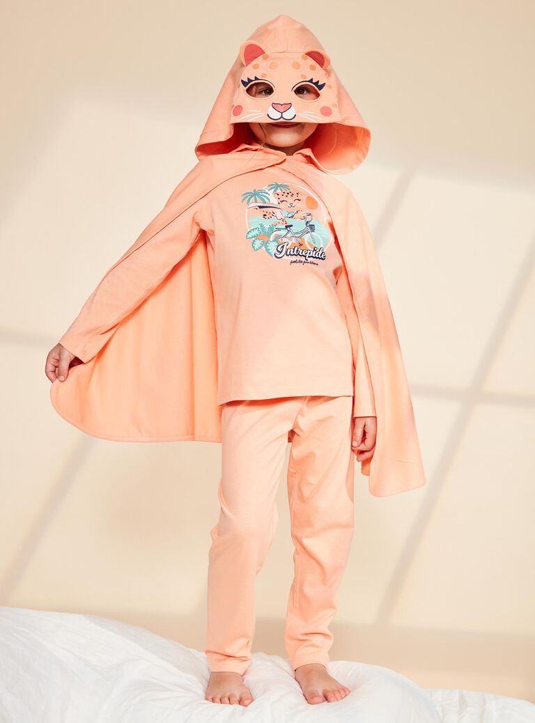 Pyjama deux pièces orange pâle en coton avec cape tête de panthère