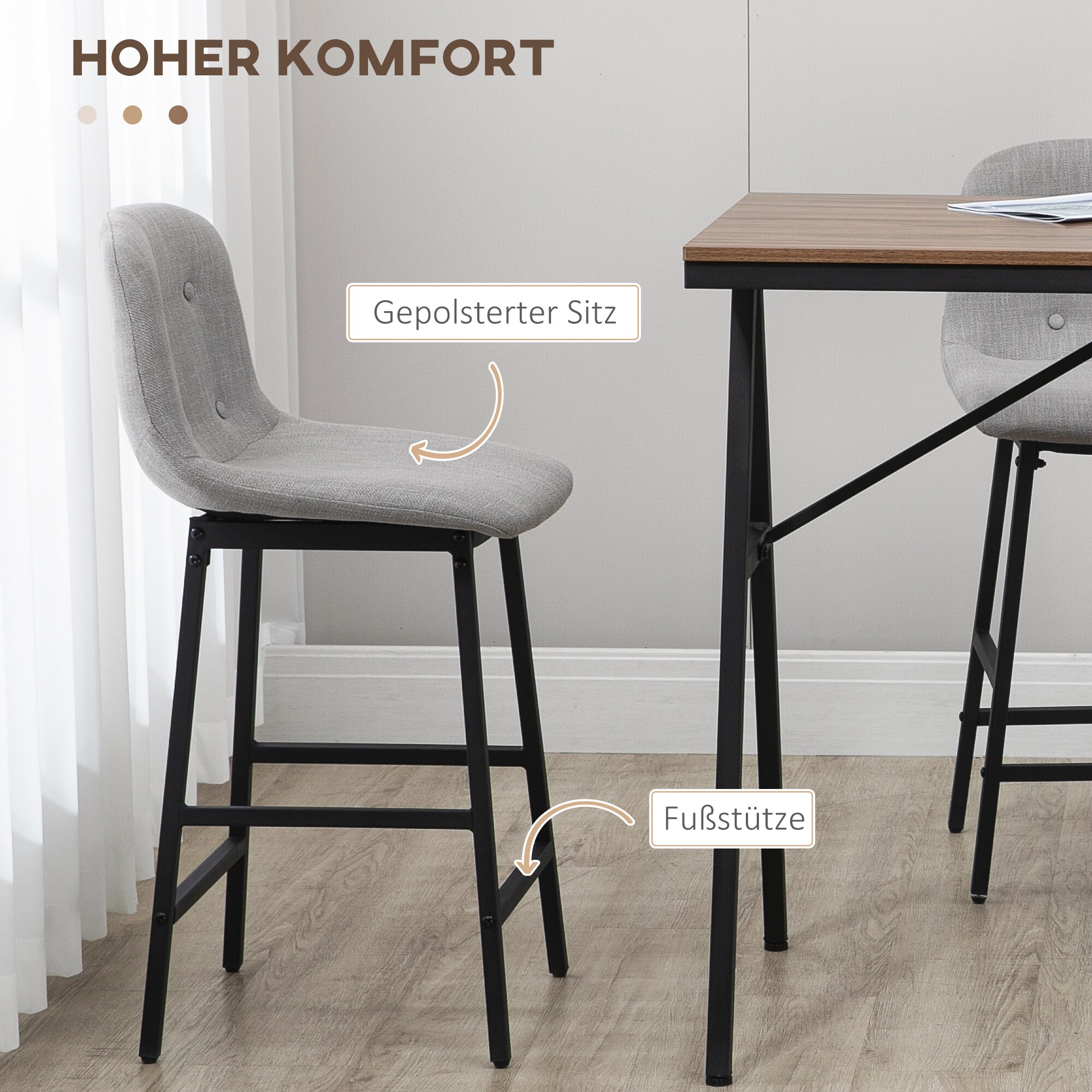 HOMCOM Bartisch-Set mit Fußstütze grau, natur 120L x 60B x 91H cm
