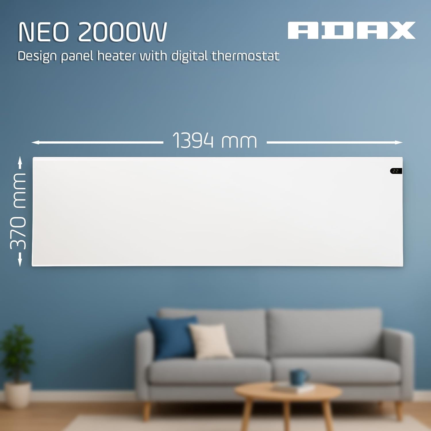 ADAX NEO NP Elektroheizkörper - 2000W, Weiß | Thermostat mit Zeitschaltuhr | Elektroheizung Wandmontage | Höhe 370mm | Heizkörper Elektrisch | Frostwächter, Wochenmodus | Wandkonvektor | KDT | IP20