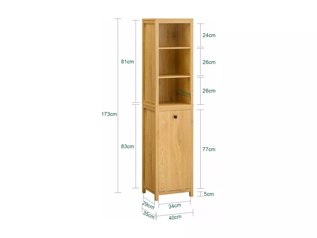 SoBuy Meuble Colonne de Salle de Bain, Armoire Haute, Placard de Rangement, Étagère de Rangement avec 1 Panier à Linge et 3 Étagères pour Salle de Bain, 40x35x173cm, Couleur Naturel Foncé, BZR95-SN