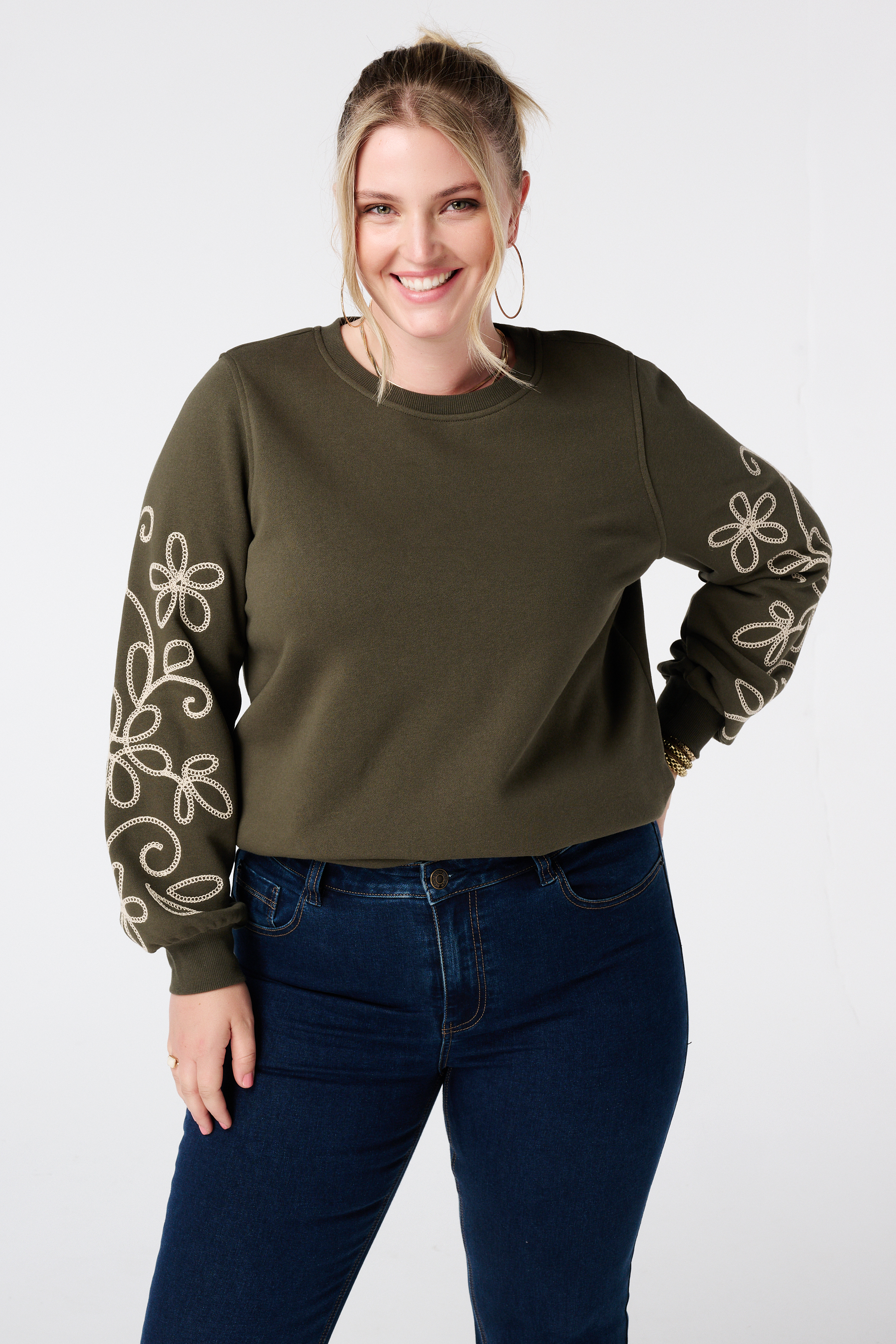 Sweater met broderie details Donker khaki