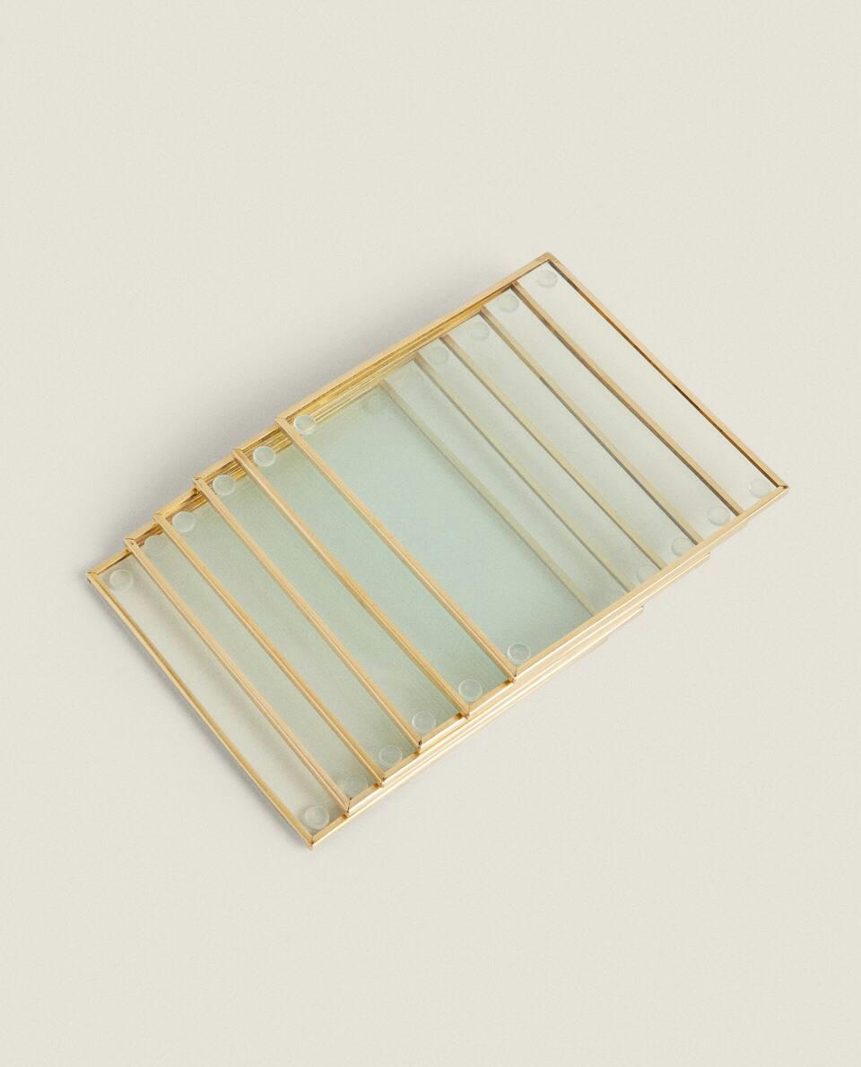 Conjunto de 6 porta-copos de vidro com acabamento metálico