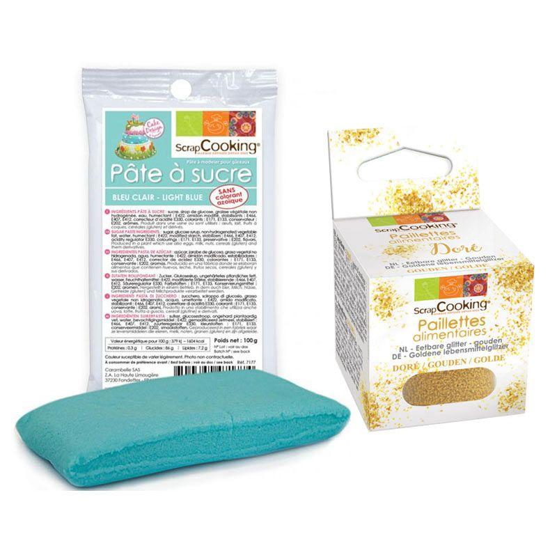 Pâte à sucre bleu clair 100 g + paillettes dorées Scrapcooking