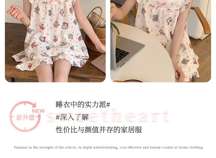 Sweetzer - Pyjamatop met kapmouwen, vierkante hals, cartoonprint en strik / Loungeshorts / Midi-slaapjurk / Set
