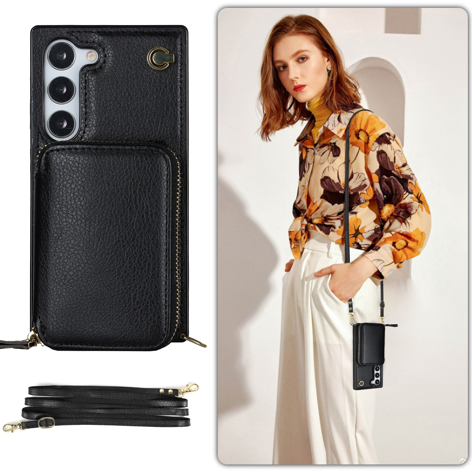 Samsung Galaxy S23 5G Necklace Leder Schutz Hülle mit Kartenfächer   Handykette (140cm) - Schwarz