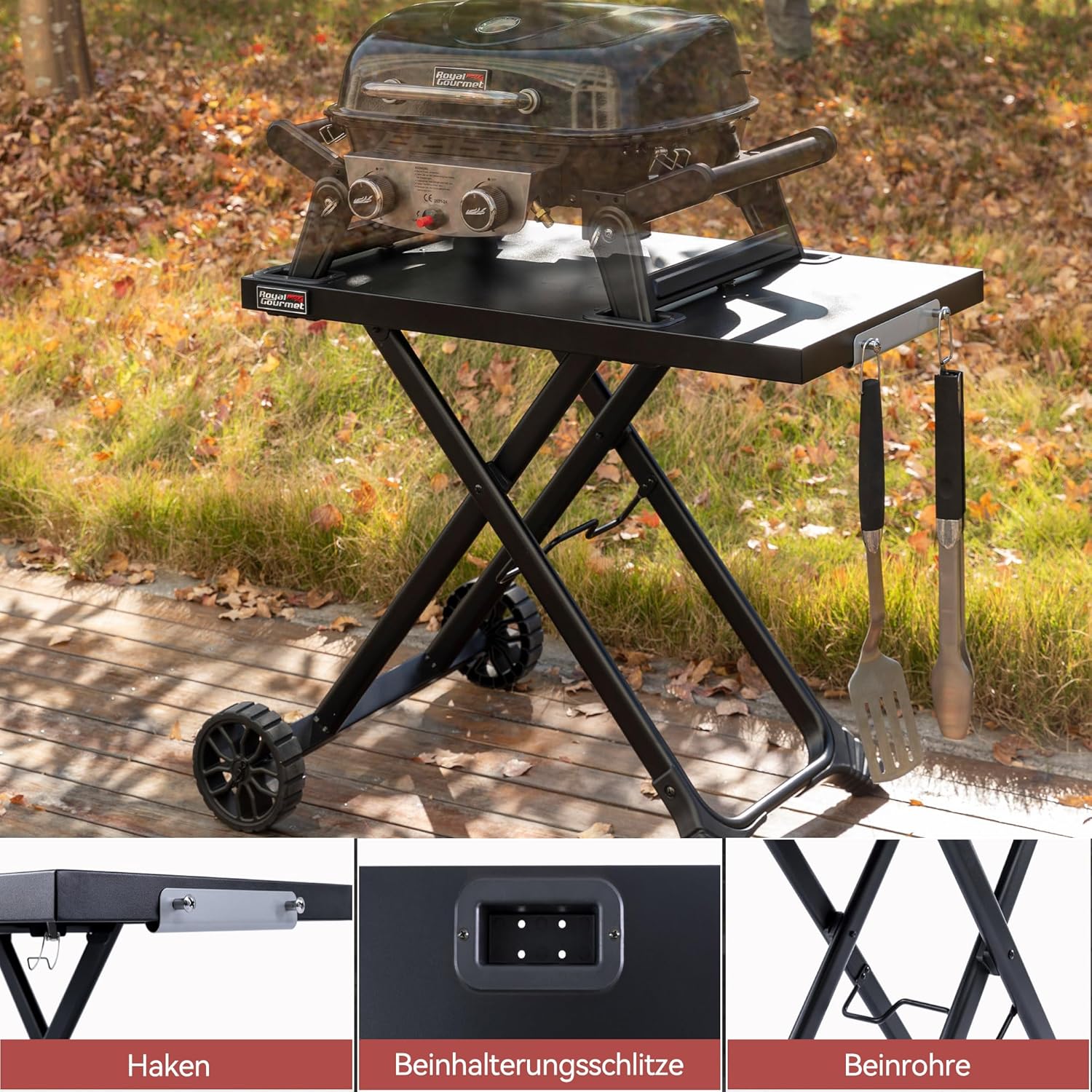Royal Gourmet Tragbarer 2-Brenner Gasgrill inkl. Grilltisch, 5kW Tischgrill mit separatem Rollwagen, Portabler Tischgasgrill mit Klapptisch für Balkon,Terrasse, Camping Schwarz