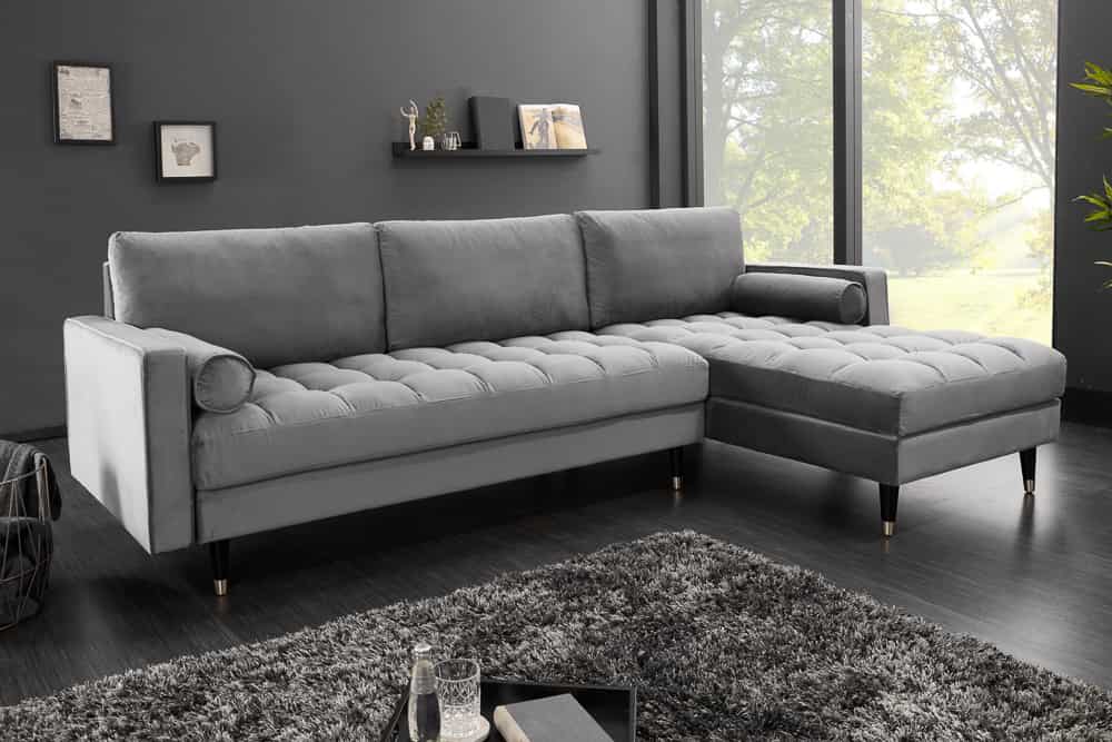 Elegantes Ecksofa COZY VELVET 260cm grau Samt Federkern 3-Sitzer