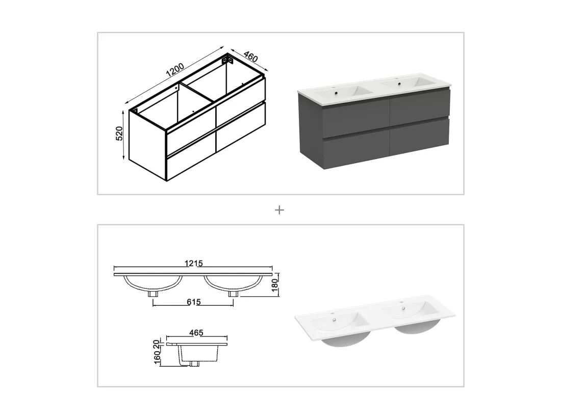 Ensemble meuble salle de Bain 120cm avec colonne et miroir mural lumineux 3 couleurs Anthracite