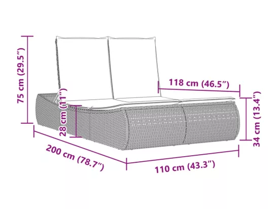 Chaise longue double avec coussins noir résine tressée