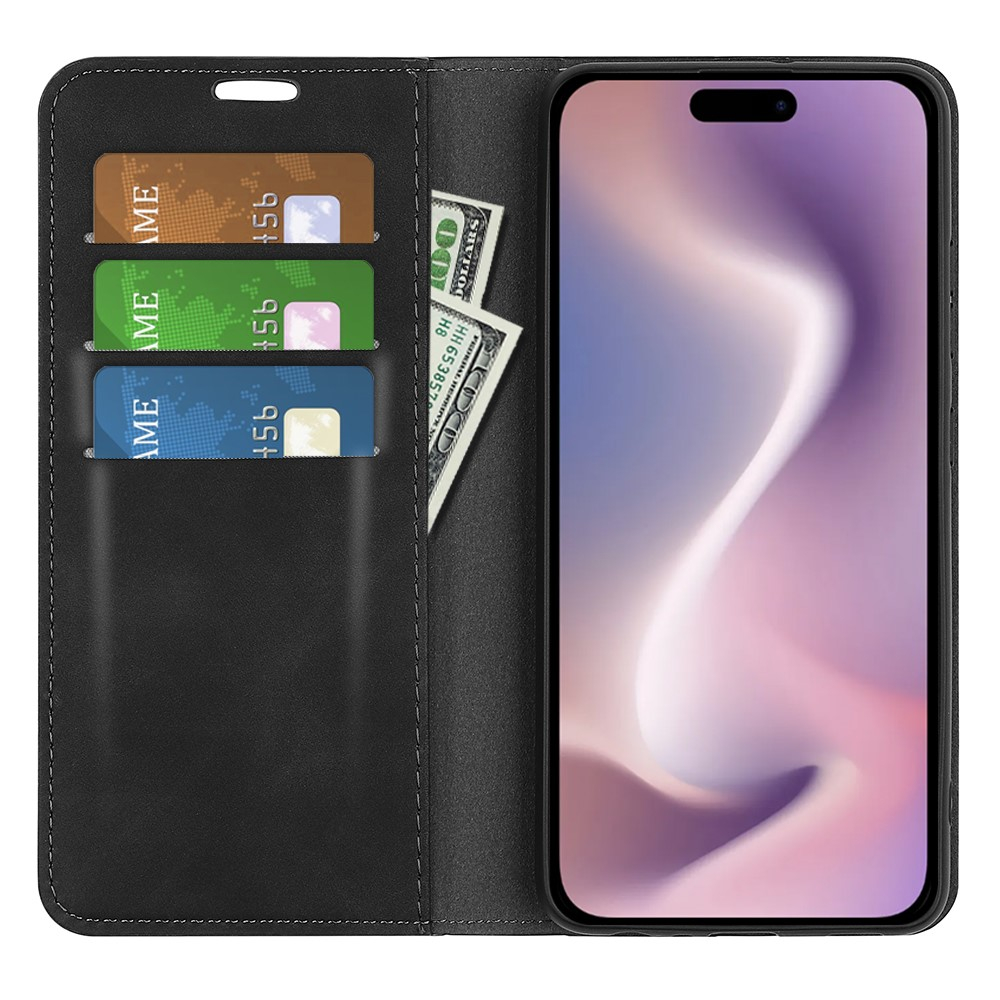 iPhone 16 Vintage Leder Tasche Flip Cover Fashion Design - Schwarz