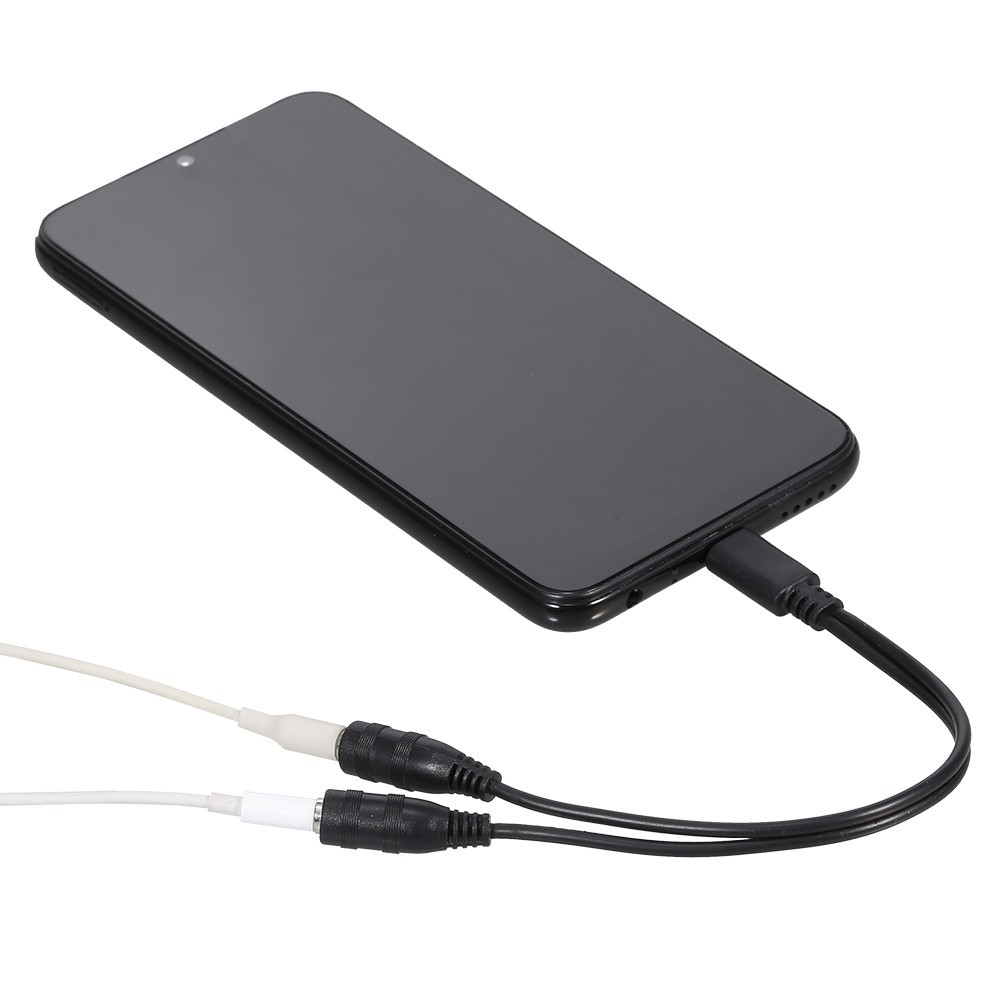 (10cm) USB C Y-Splitter 2x 3.5mm Klinke Audio Stecker Stereo AUX Kabel - Schwarz