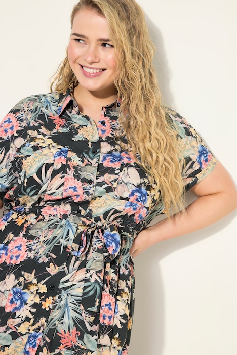 Maxikleid, oversized, Tropical-Print, Hemdkragen, Halbarm