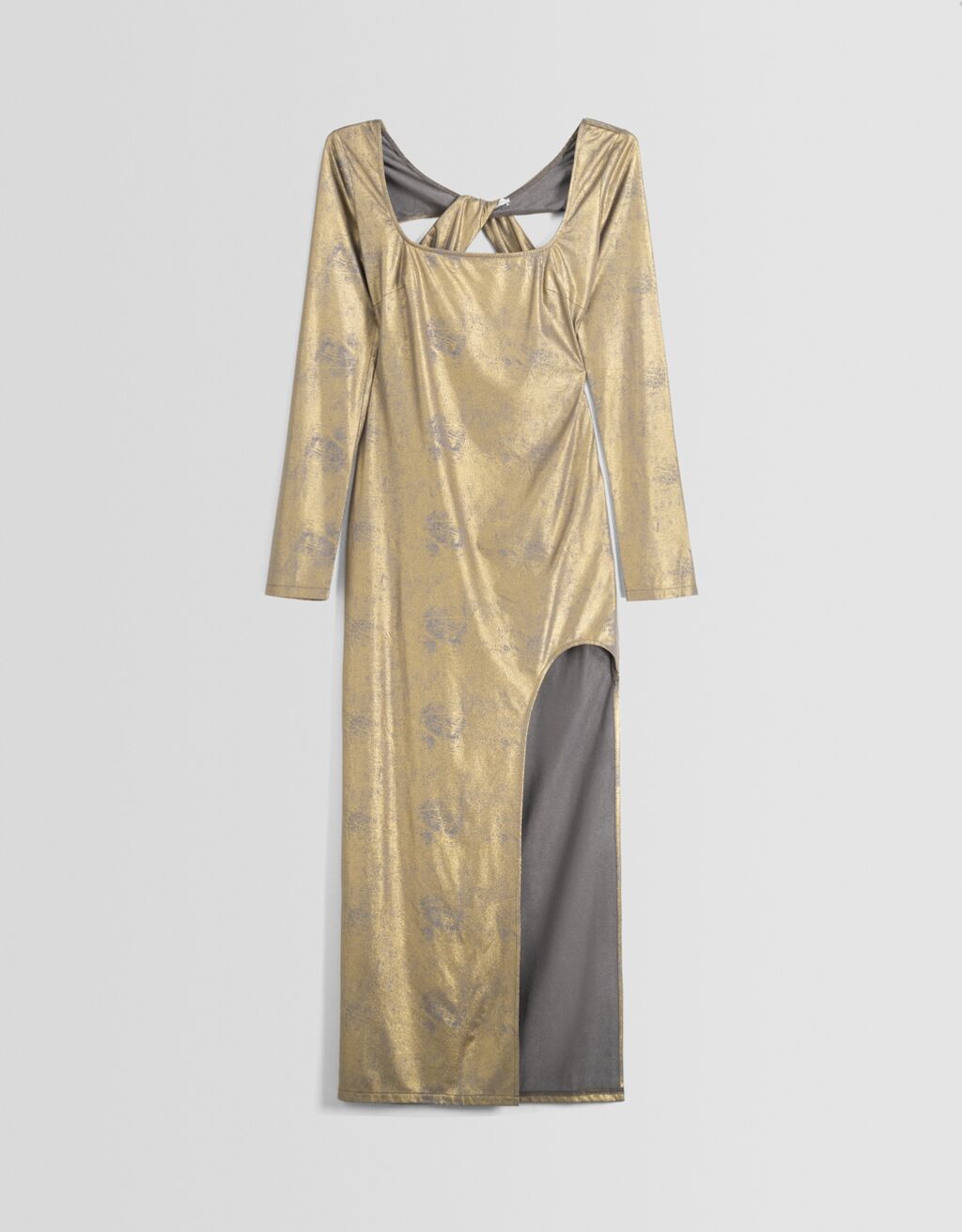 Vestido midi laminado ajustado com mangas compridas e detalhe nas costas