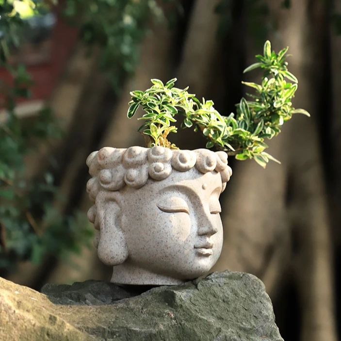 (10x9cm) Mini Blumentopf Pflanzen Vase Home Deko Übertopf - Buddha Kopf