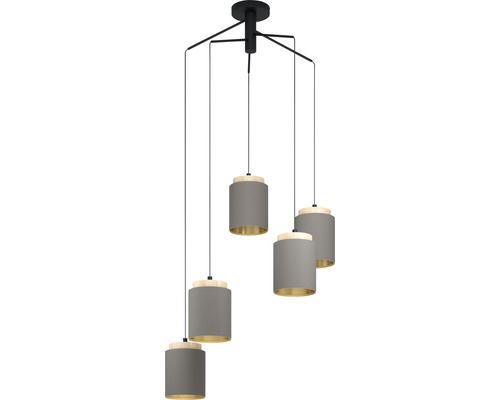 Hanglamp, 5-lichts, HxØ 110x70 cm, zwart/licht hout, cappuccino kap, gouden binnenkant