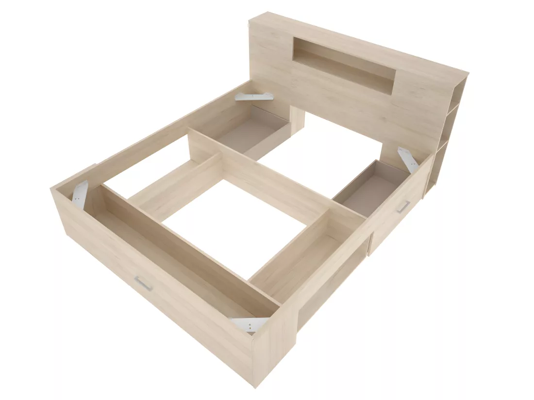 Lit avec tête de lit rangements et tiroirs - 140 x 190 cm - Coloris : Naturel et blanc + Chevets - LEANDRE