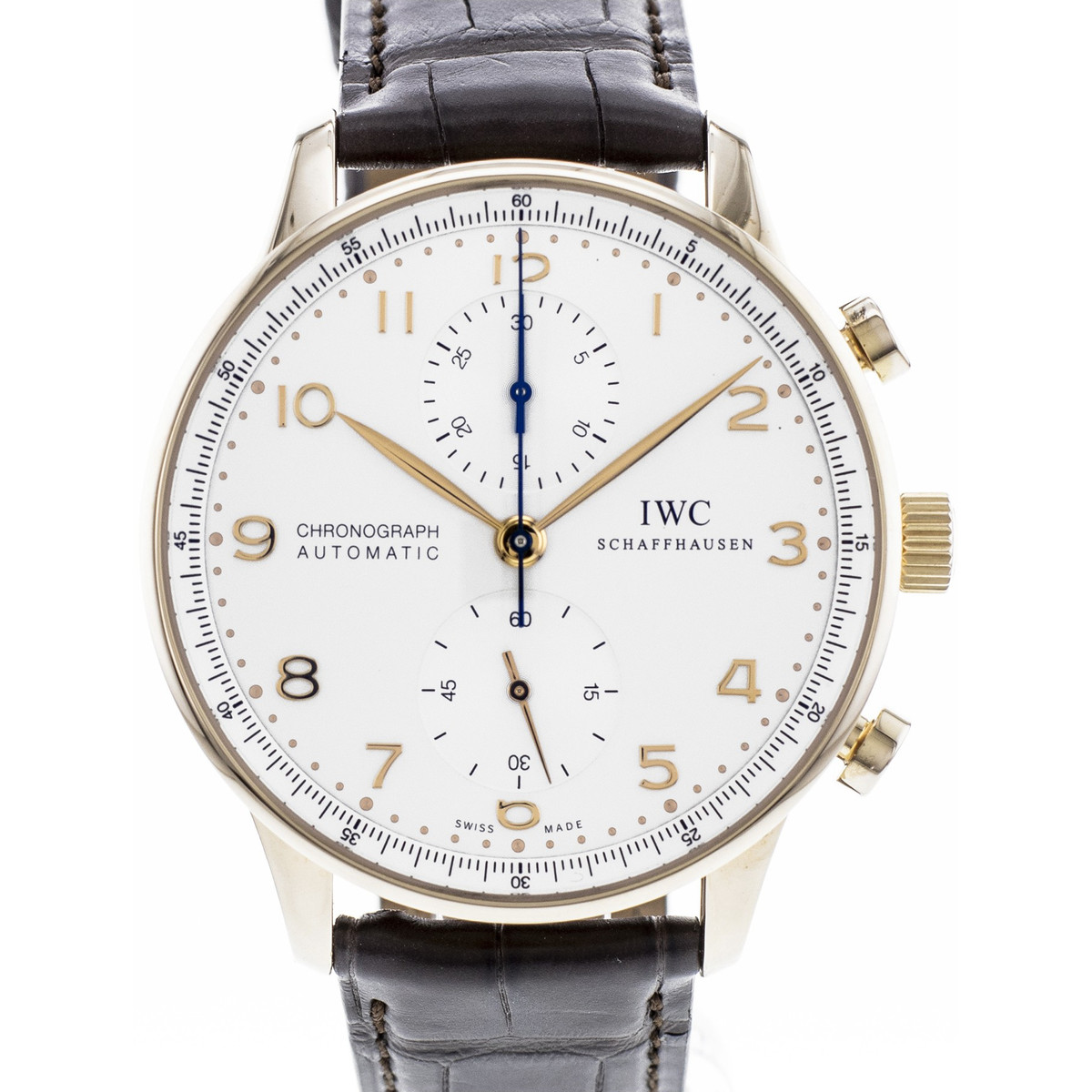 Montre d'occasion IWC Portugaise homme chronographe automatique acier doré rose bracelet cuir noir