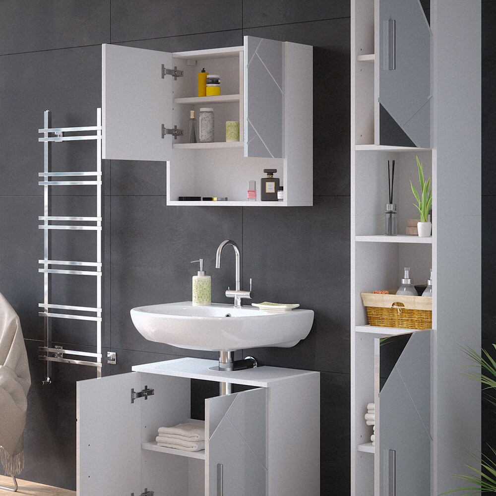 Vicco Badmöbelset mit Dekospiegeln Irma Weiß Hochglanz modern Badezimmerschrank Badschrank Badezimmermöbel Waschtischunterschrank Spiegelschrank Hochschrank Schranktür Schrankfach Schrankschublade