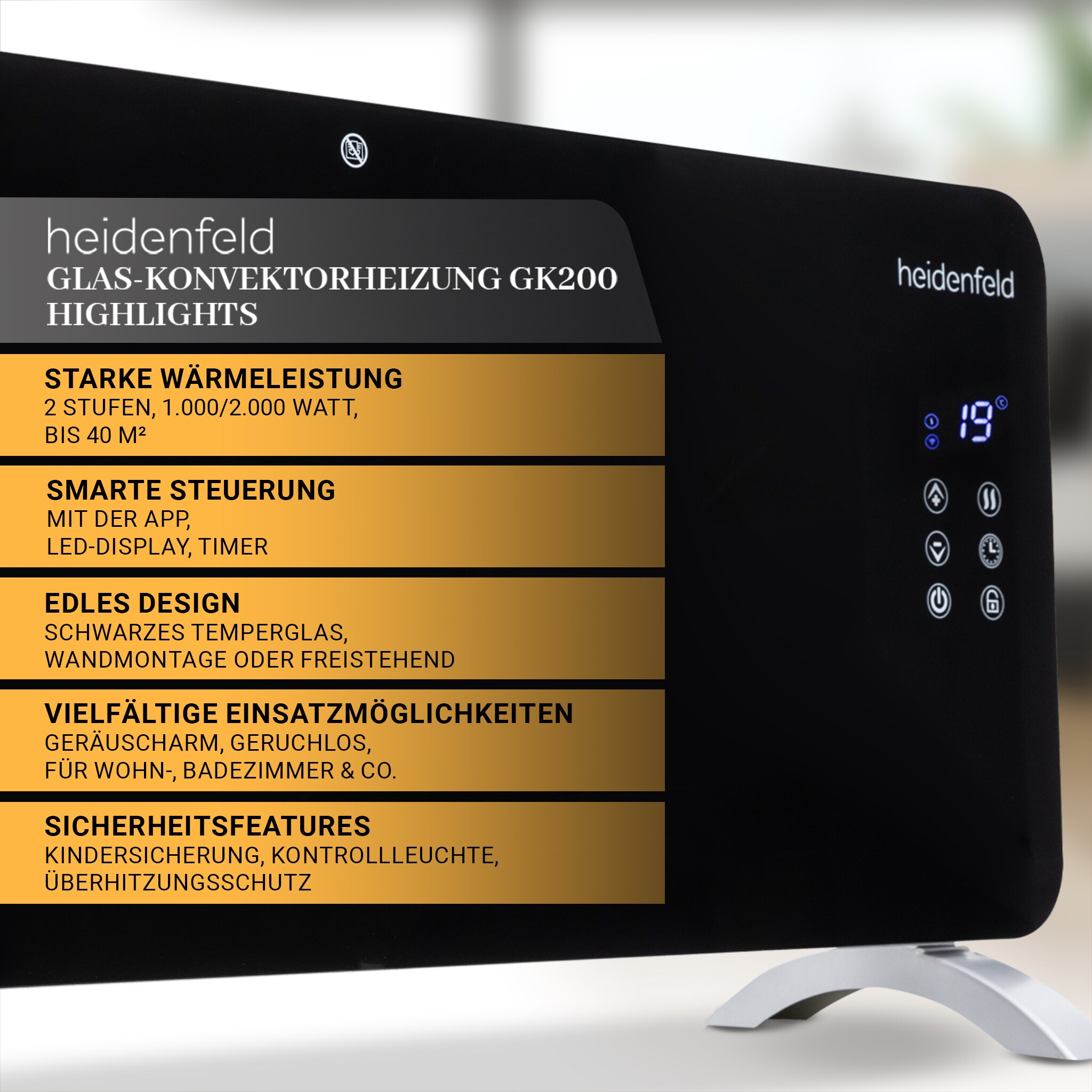 Heidenfeld Glas-Konvektorheizung GK200, Standgerät oder Wandmontage, WLAN, 1000/2000 Watt, Timer (Mit WLAN)