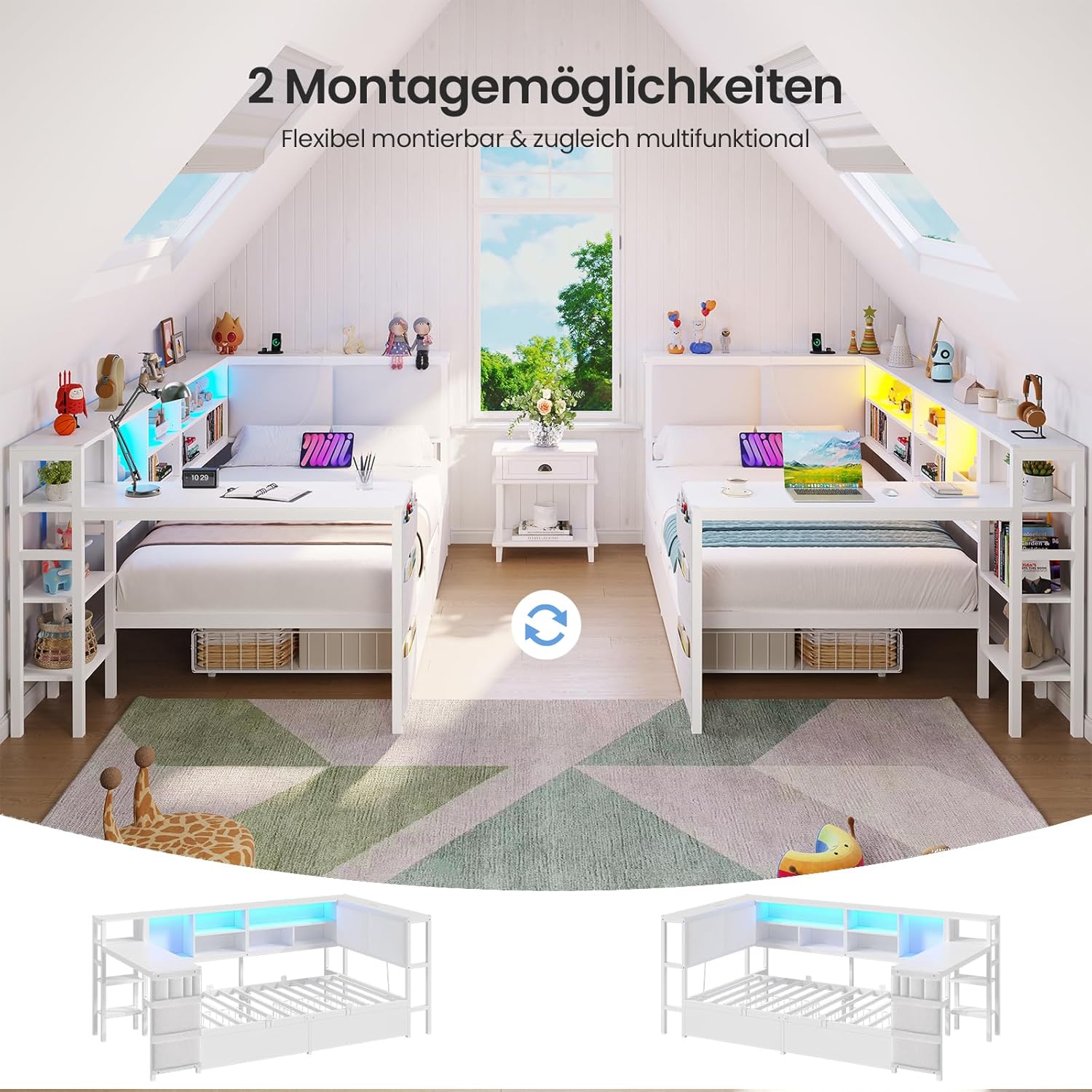 Schlafsofa mit LED-Beleuchtung und Ladestation, Jugendbett 90x200 cm mit einem 35x112cm Tisch und Zwei großen Schubladen, Bett 90x200 Tagesbett mit polsterter Rückenlehne am Kopfteil, Weiß