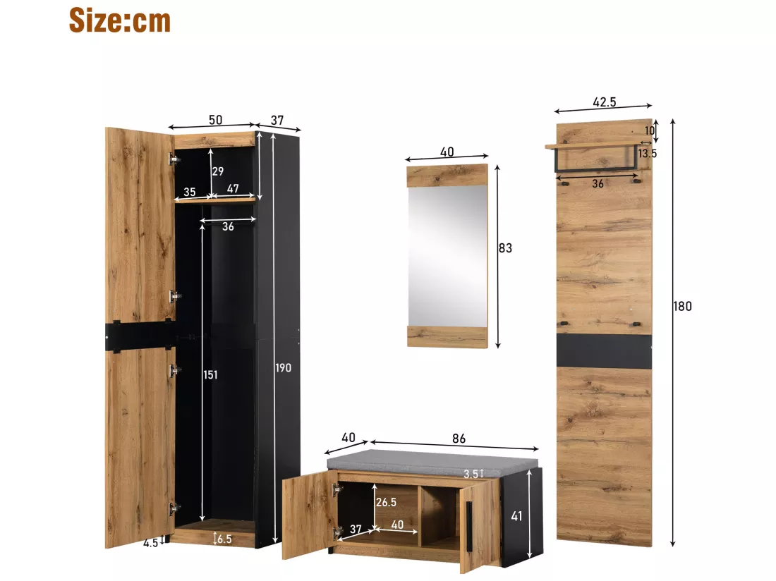 Vestiaire d'entrée avec miroir, armoire et banc à chaussures - Naturel foncé