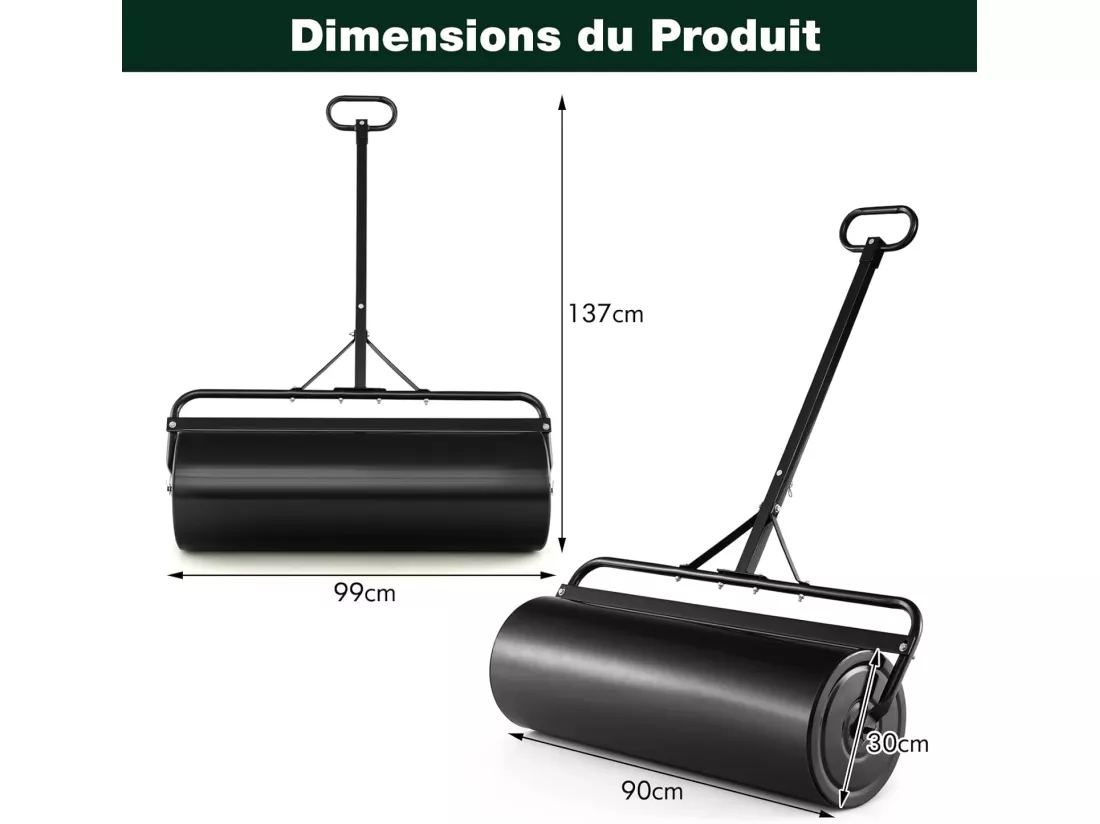 Rouleau à Gazon de Jardin en Métal avec Poignée de Préhension Détachable, Rouleau de Pelouse Rempli d'eau/Sable 63L- Ø 30 CM, Idéal pour Obtenir Pelouse Uniforme (Noir)