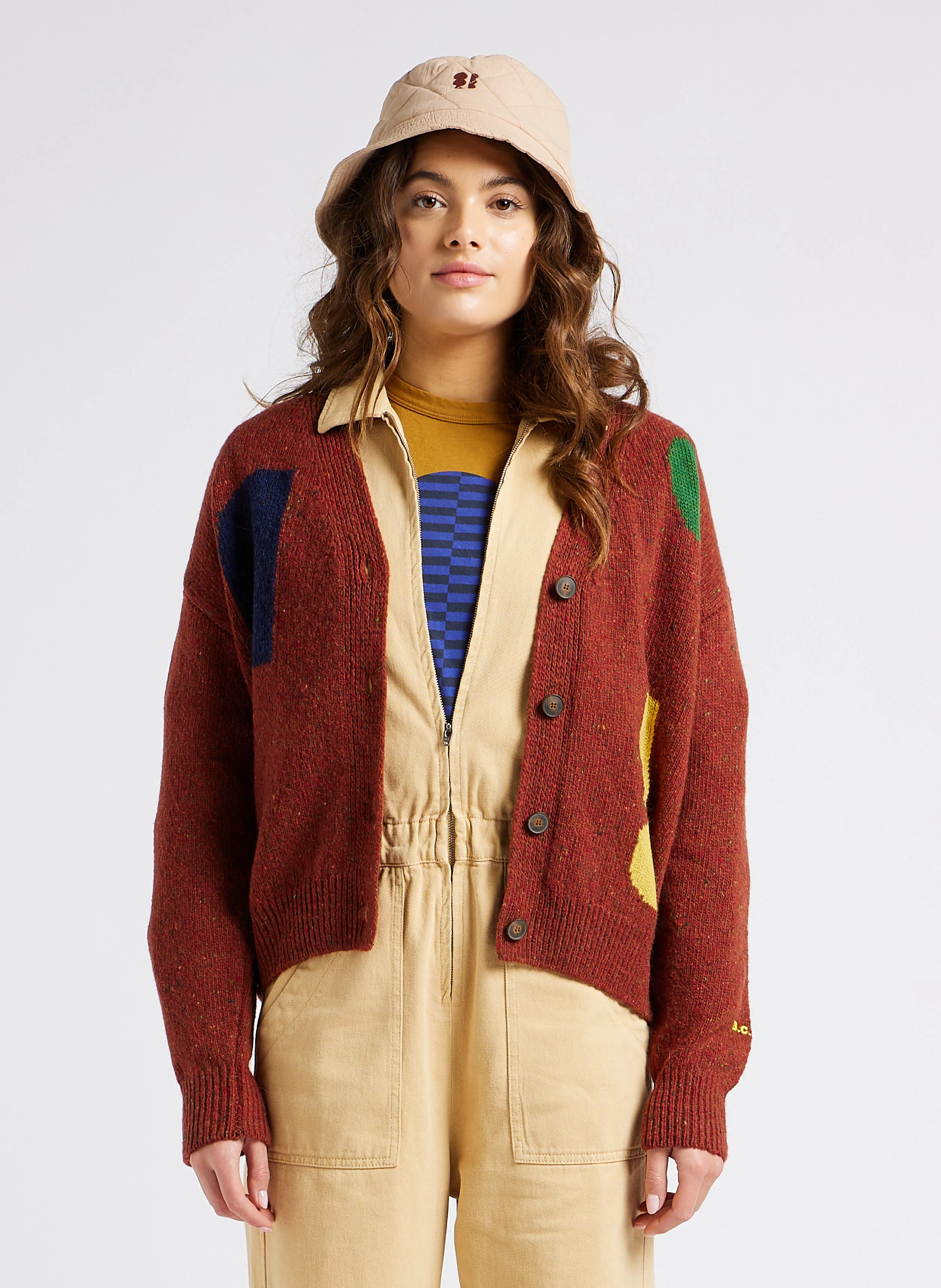 Cardigan col V imprimé en laine mélangée| Marron