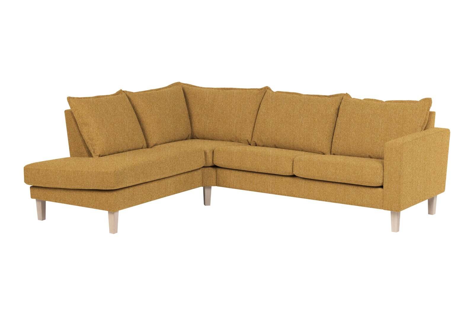Slogen hjørnesofa Oppsett AV. 2,5-seter med åpen ende venstre. Tekstil Viva Golden med soft ryggpute. Vange B og hvitpigmentert ben 178.