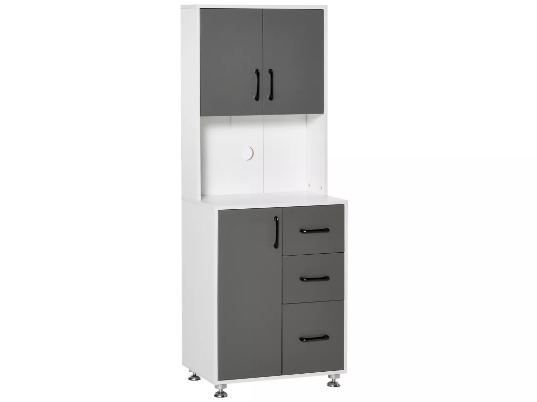 HOMCOM Armoire de cuisine multi-rangements 2 + 1 porte 3 tiroirs + grand plateau dim. 60L x 40l x 150H cm bicolore gris blanc