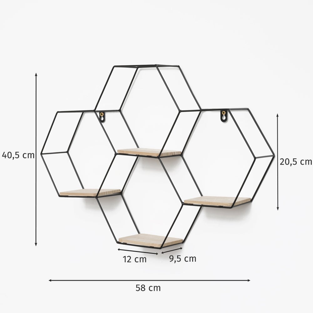 Zeshoekige metalen wandplank met vier niveaus - 40,5 x 58 cm - Zwart