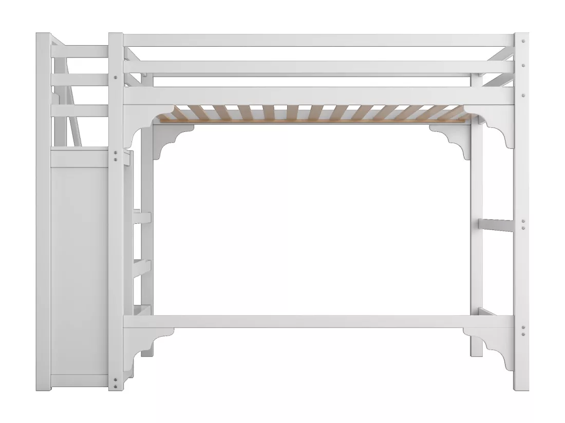 Lit mezzanine 140x200cm, lit d'enfant avec sommier à lattes, escalier avec armoire de rangement, anti-chute, blanc