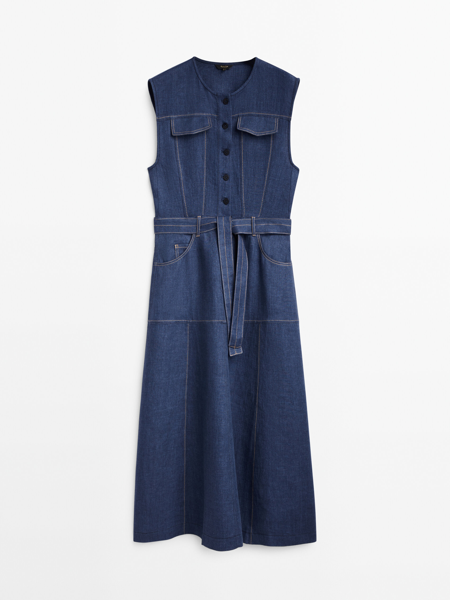 Vestido de linho sem mangas com pesponto - AZUL MÉDIO
