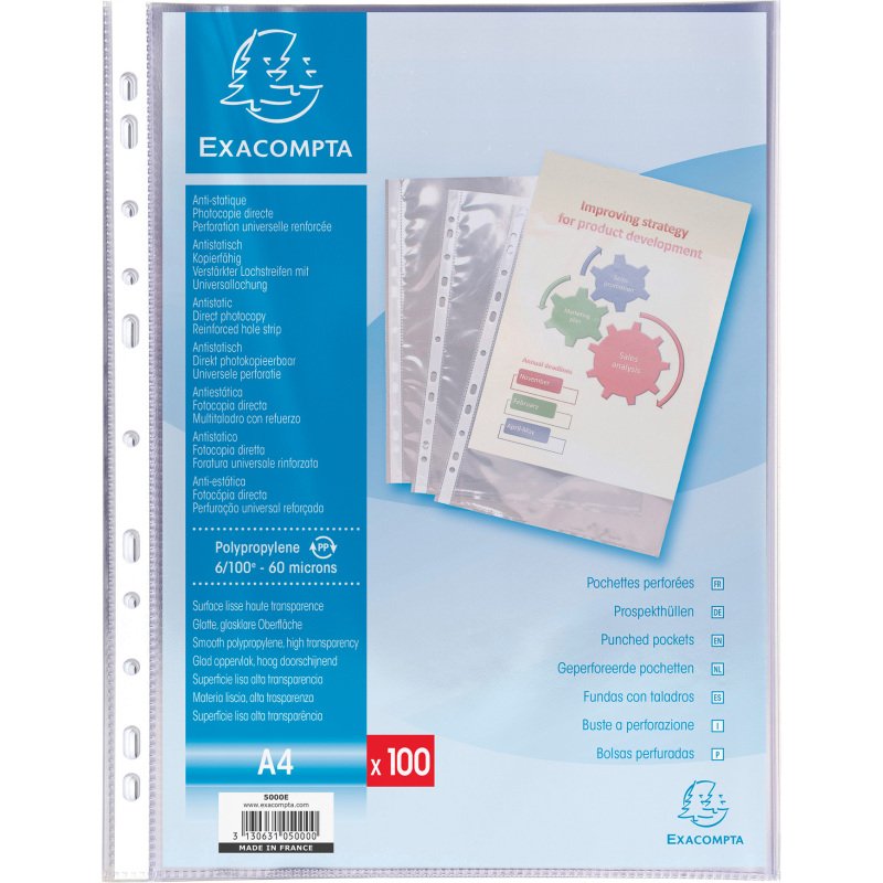 Etui carton de 100 pochettes Exacompta perforées polypropylène lisse 6/100e - A4