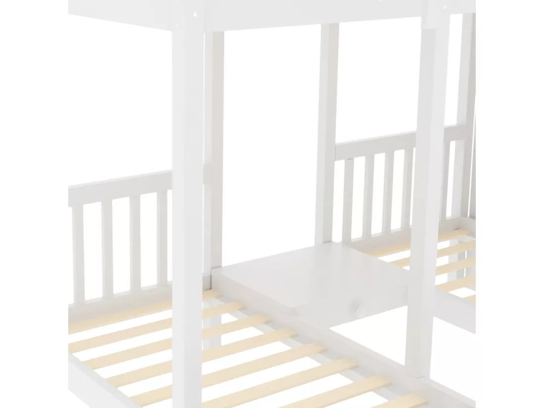 Lit superposé en bois 90x200cm + 2x70x140cm - avec 2 tiroirs et échelle de rangement - Blanc