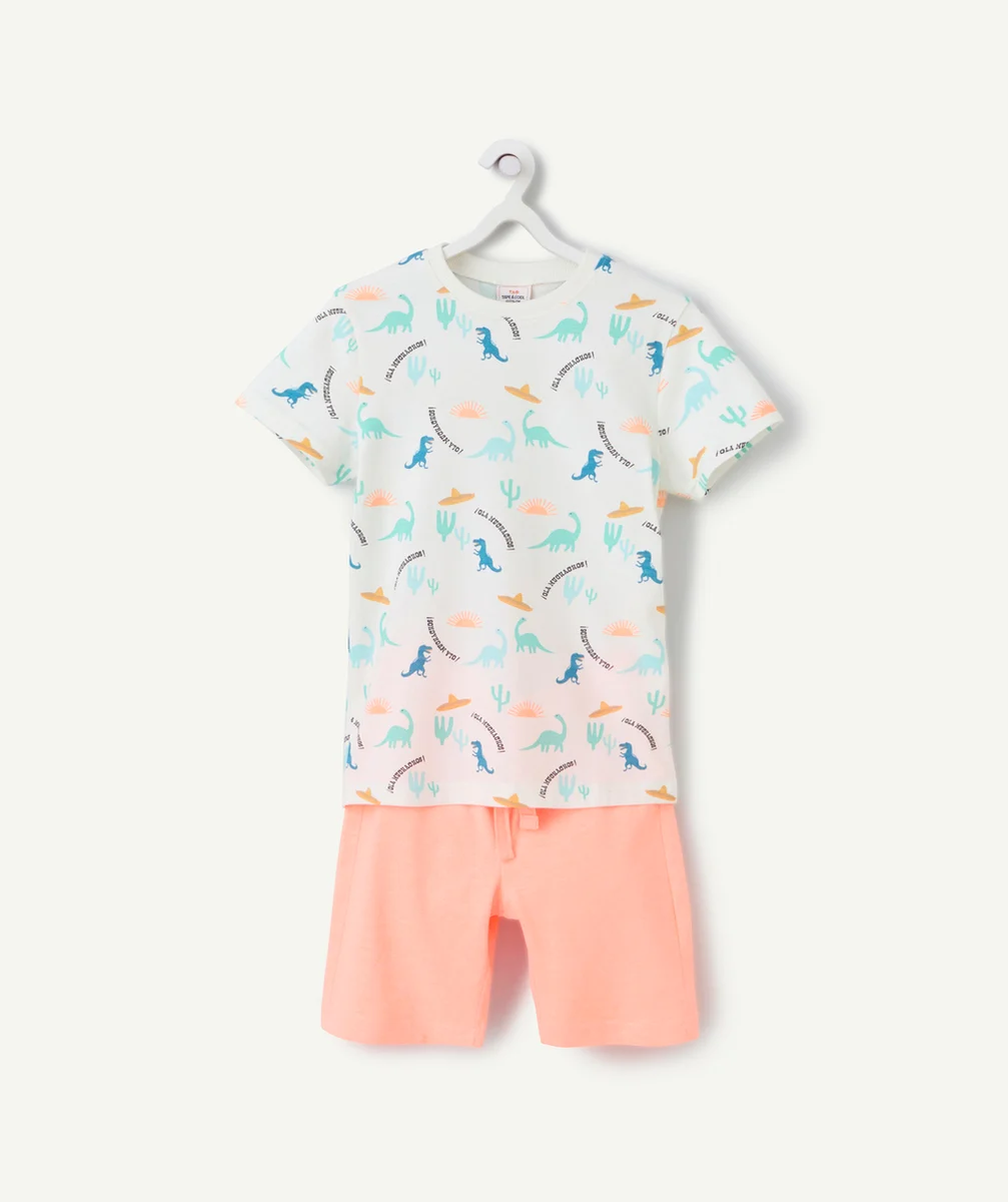 pyjama garçon en fibre recyclées orange fluo et blanc imprimé dinosaures