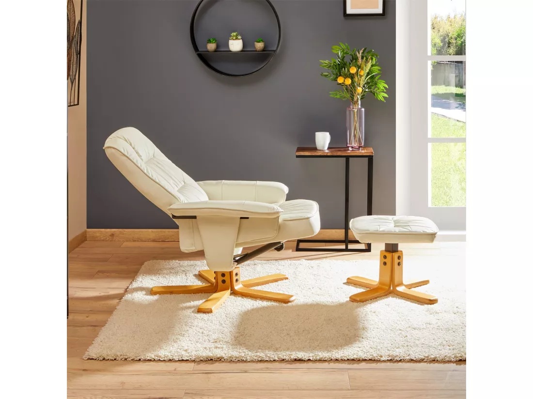 Fauteuil de relaxation CHARLY avec repose-pieds siège pivotant dossier inclinable, en synthétique blanc ivoire
