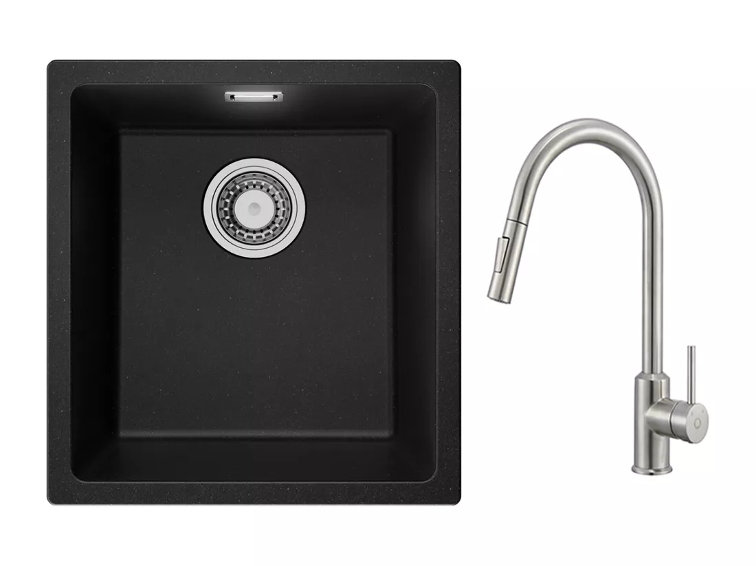 CECIPA MAX Evier 1 Bac en Quartz et Résine Noir Gris 40*44*20cm + Mitigeur avec Douchette Extractible 2 Modes de Sortie D'eau