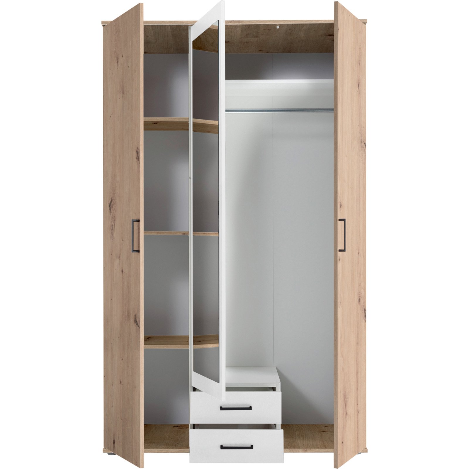 Drehtürenschrank Chicago Melamin Dekor Artisan/Weiss 120 x 97 x 54 cm, mit Spiegel