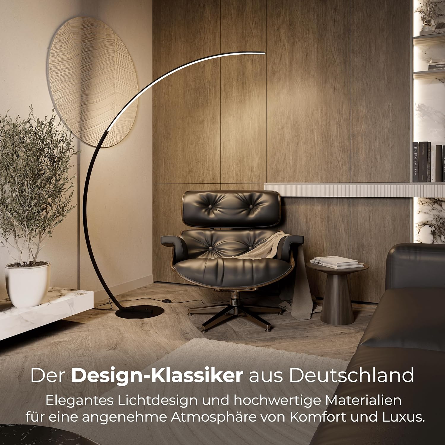 NEONA ICARUS Bogenlampe LED dimmbar – XXL Stehlampe in Schwarz, 2258 Lumen, 2700K Warmweiß, CRI 90, 22W, Fußschalter, Höhe 170cm – Moderne Wohnzimmerlampe