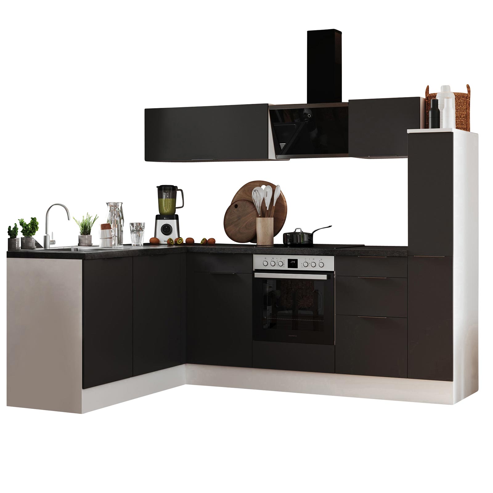 RESPEKTA Winkelküche - grau matt - weiß matt - mit E-Geräten - 250x175 cm