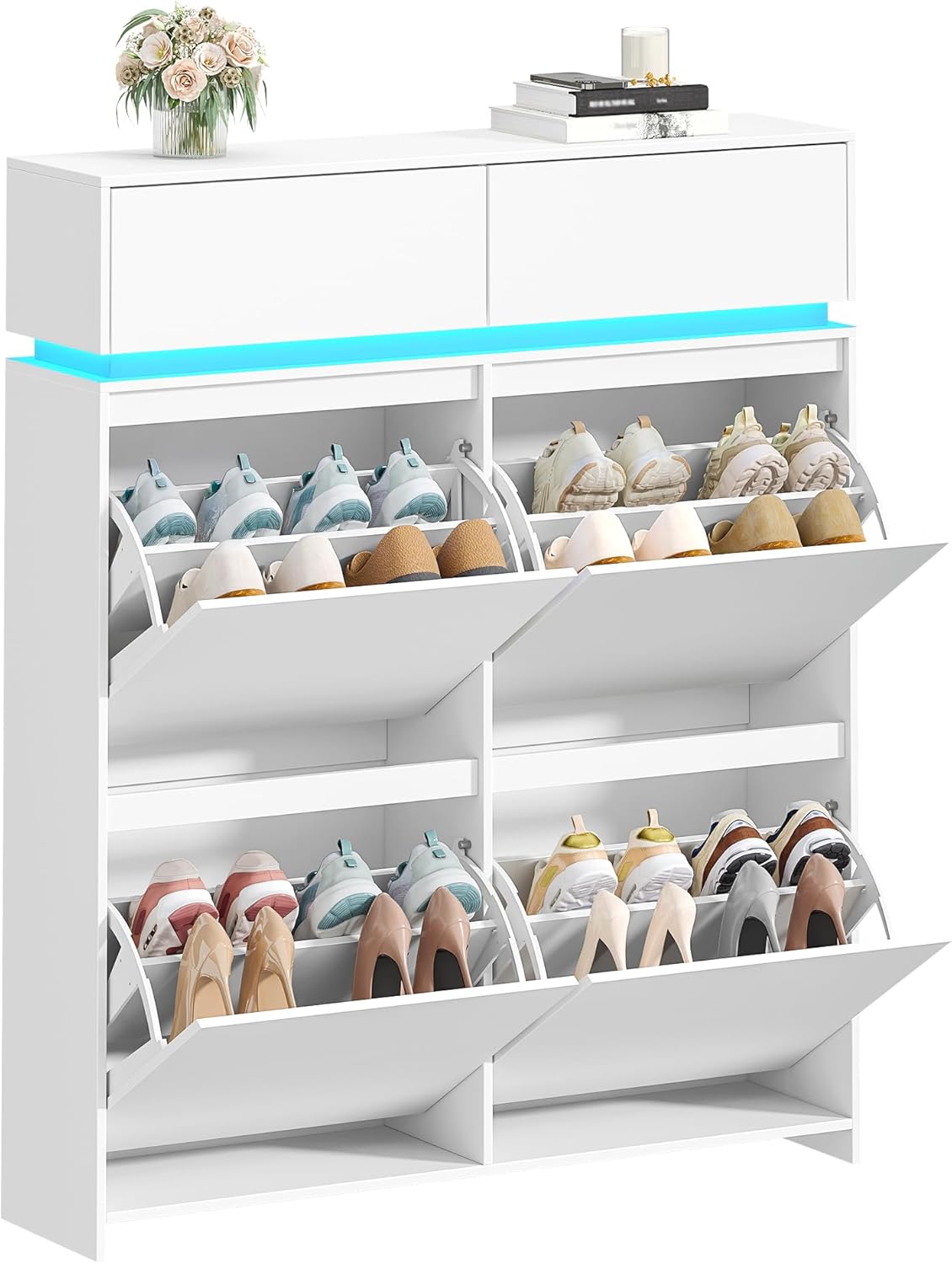 Hzuaneri Schuhschrank, Schuhkipper Schmal mit LED-Leuchten, Schuhregal, Verstellbare Regalböden, 20 Paar, 4 Klappen(100B cm), Schuhaufbewahrung für Eingang, Flur, Weiß SR53603XEU RI7557529