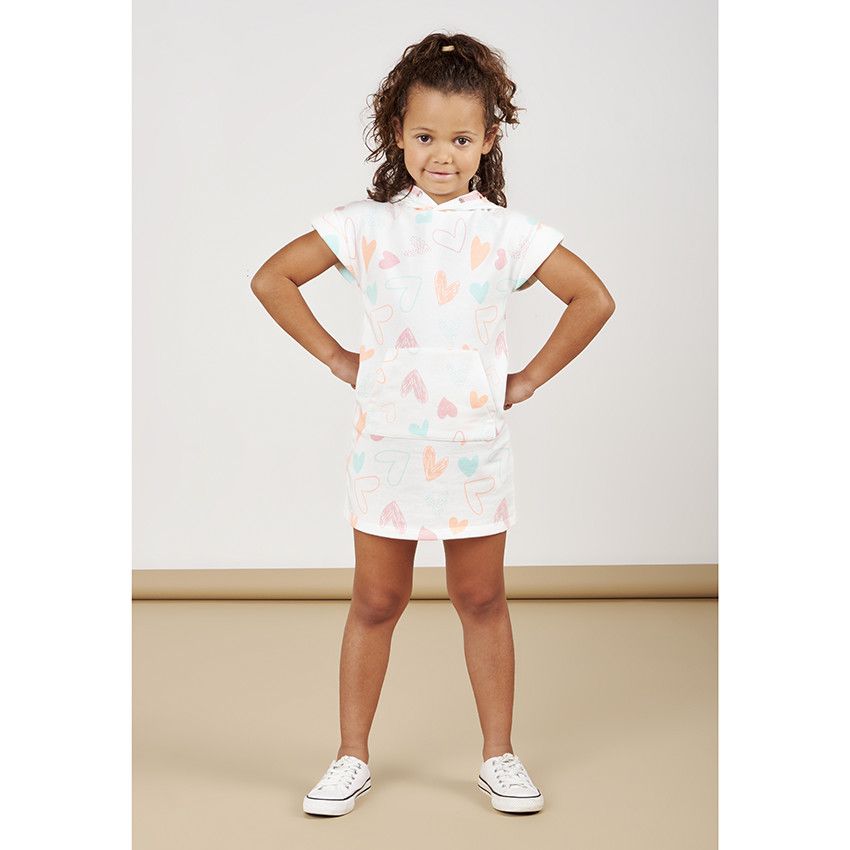 Robe manches courtes à capuche imprimé cœurs pour fille - Ecru