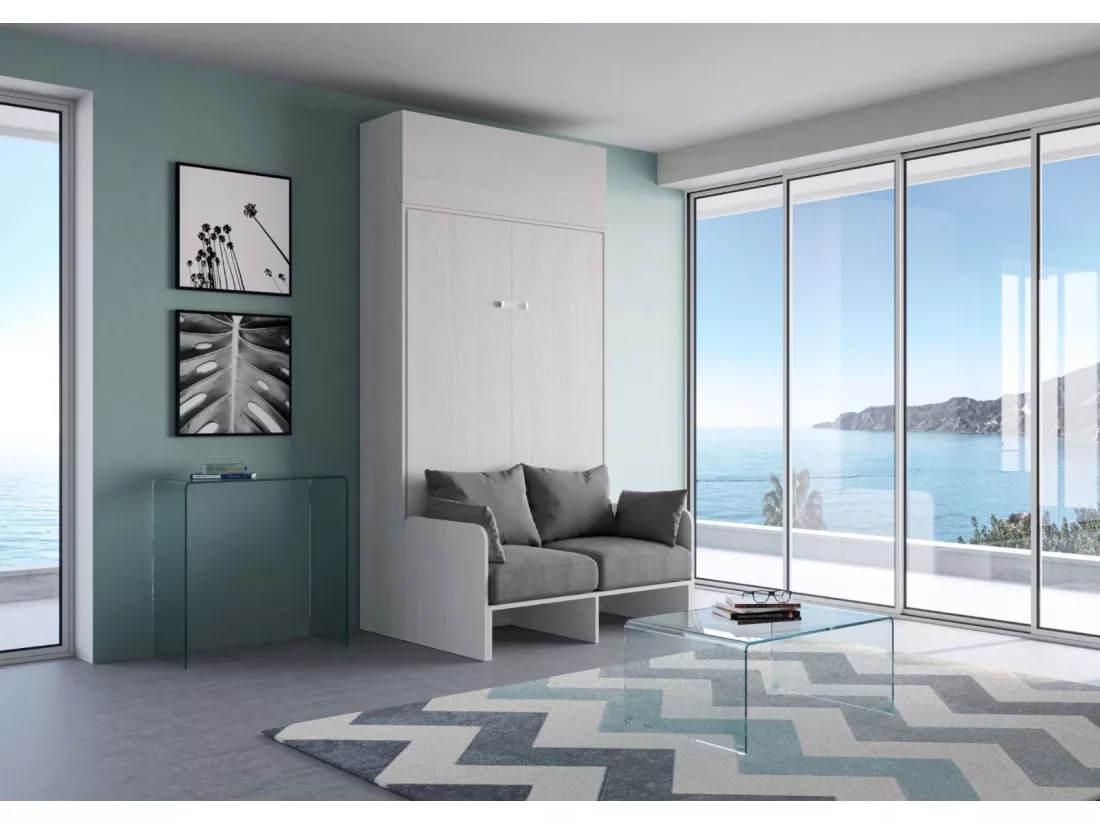 Armoire lit 120x190 avec canapé et meuble haut bois blanc Kanto-Couleur Microfibre 08