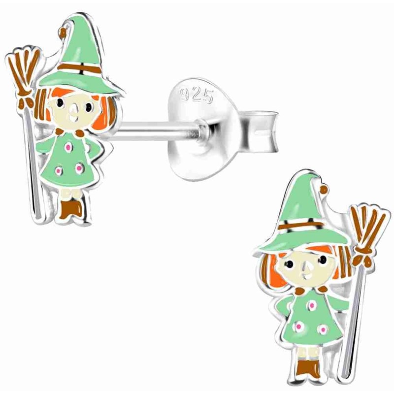 Boucle d'oreille petite sorciére verte en argent 925/1000