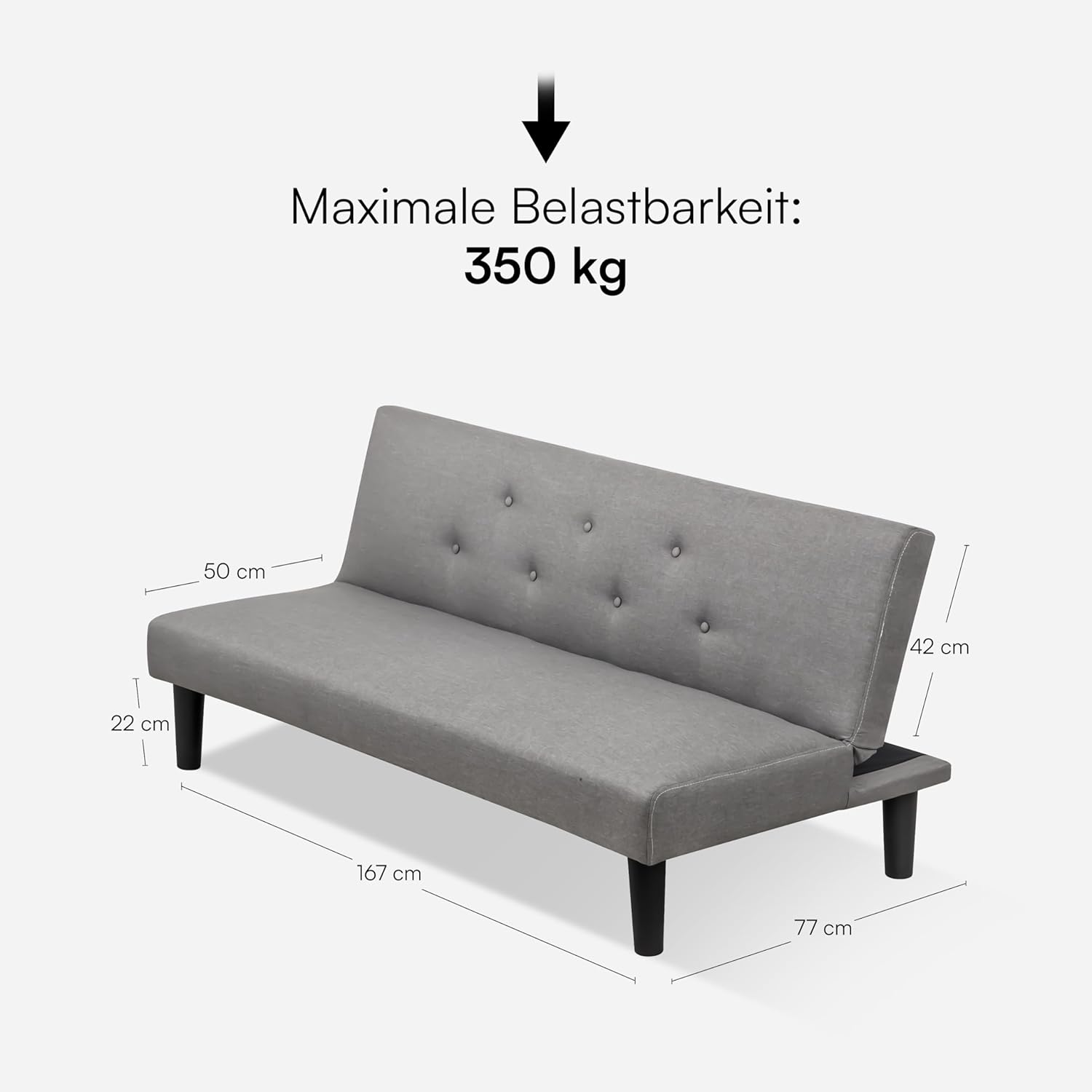Baroni Home 3-Sitzer Stoff Sofa Bett umwandelbar in Polsterbett, Liegesofa mit Kunststoffbeinen für Wohnzimmer, Gästezimmer, Öffnet 93 cm, 167x70x77 cm (Grau)