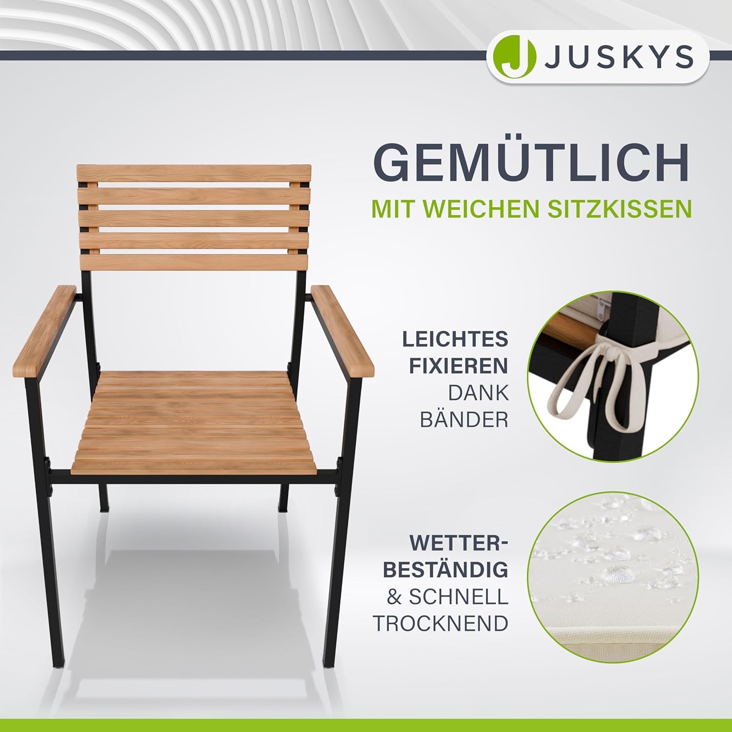 Juskys Akazienholz Gartengarnitur Rhodos - Tisch, 4 Stühle & Auflagen - Holz Gartenmöbel Set 5-teilig - Balkonmöbel -Outdoor Möbel Natur & Schwarz