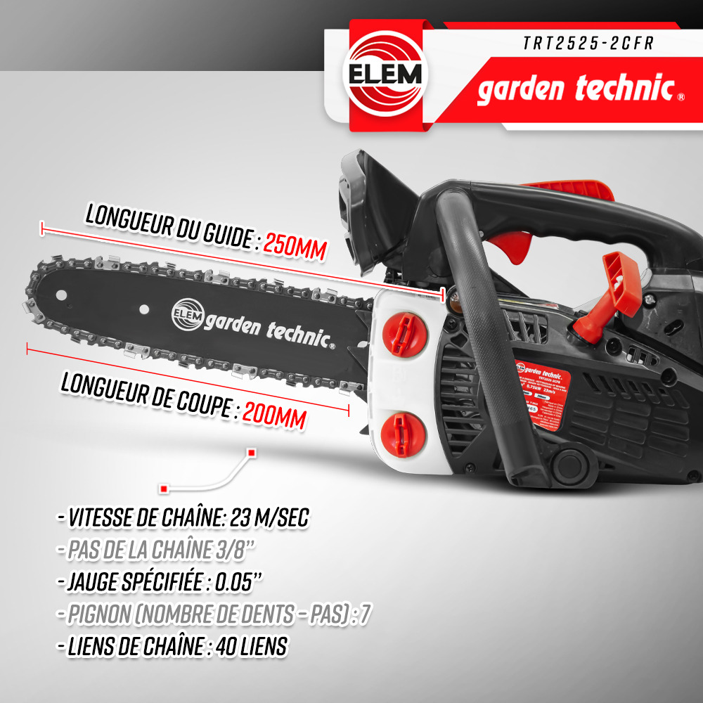 Elagueuse thermique 25cc - guide 25cm - 2 temps - livrée avec 2 chaînes - elem g