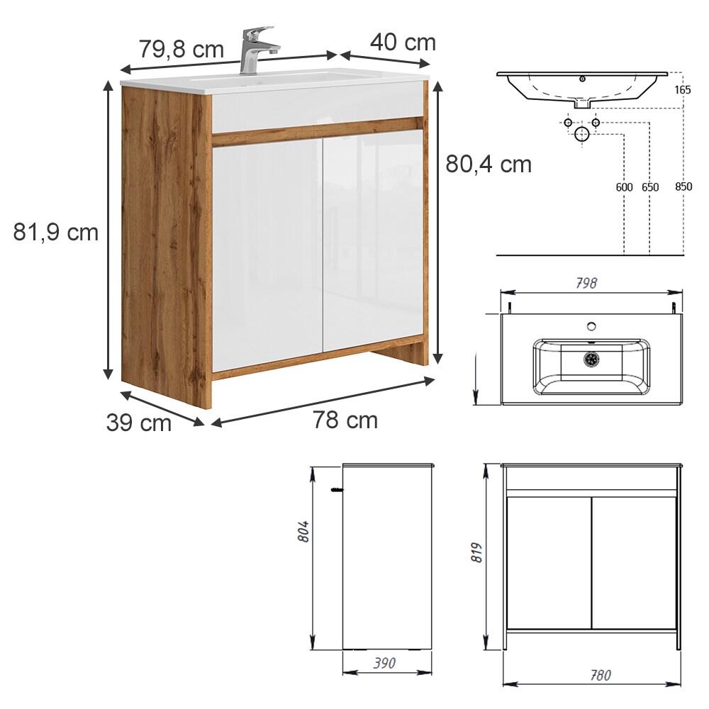 Vicco Waschbecken mit Unterschrank Lemgo Eiche Weiß 80 cm